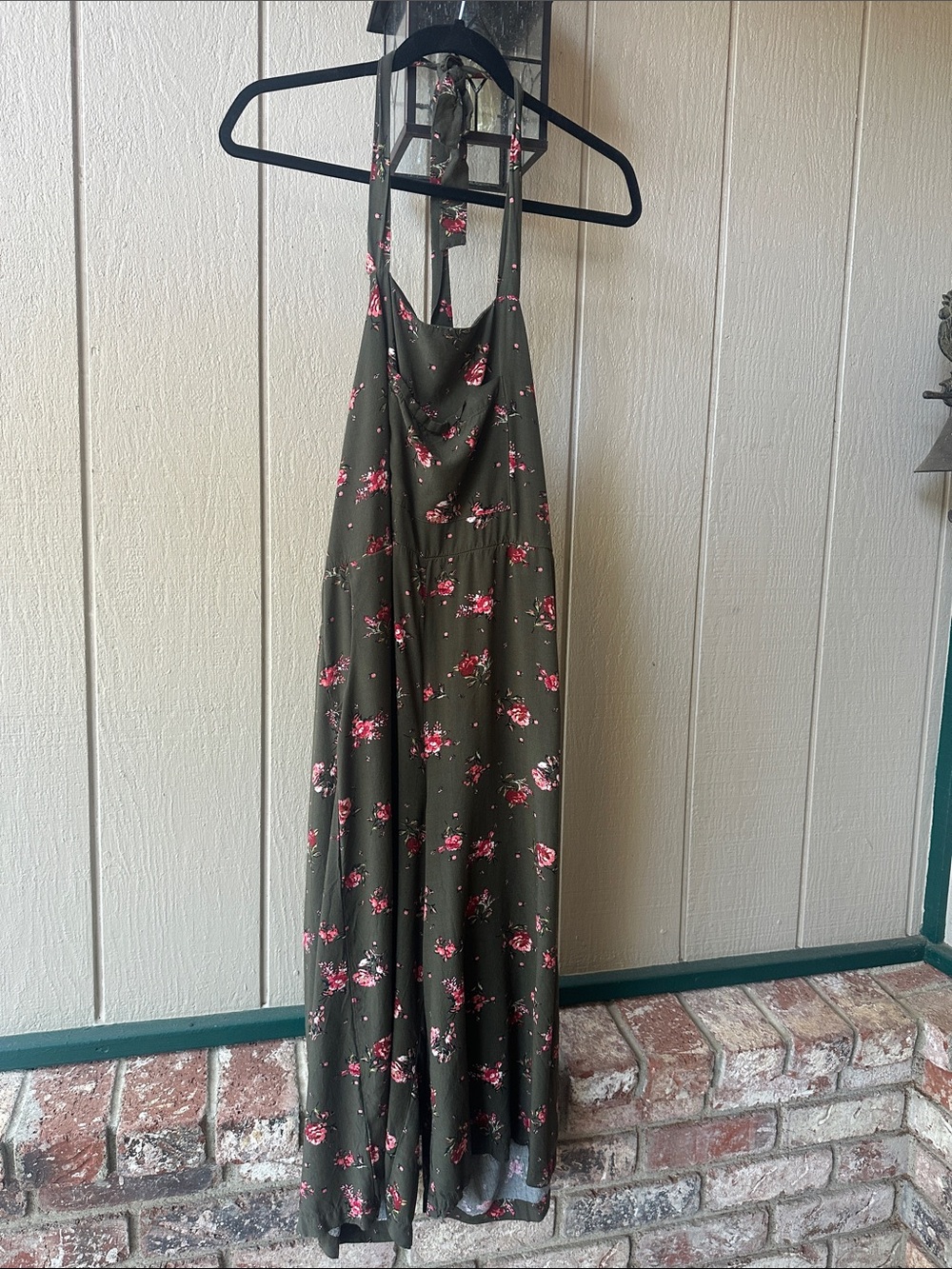 Olive Green Floral Halter Midi Romper with Pink Accents